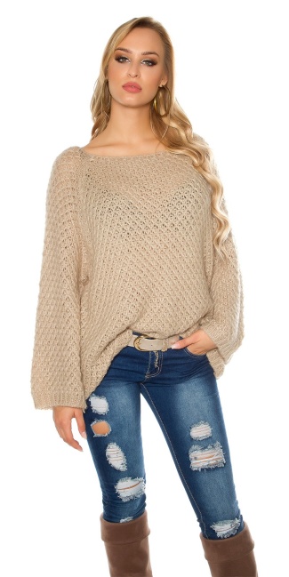 Trendy oversized mohair sweater-trui gehaakte look beige